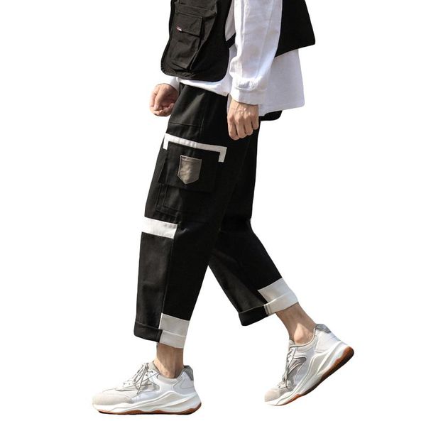 

men's pants casual men wide leg pant loose color matching overalls cotton trendy fashion teen clothes ankle-length streetwear trousers, Black