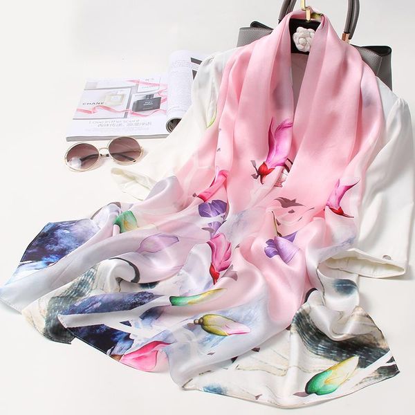 

scarves 100% real silk scarf women print satin shawl wraps soft 2021 pure natural long headscarf for ladies foulard femme, Blue;gray