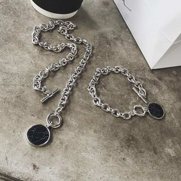 

minimalist casual neck chain necklaces for women round marble pendants necklace female fashion hiphop jewelrygift, Silver