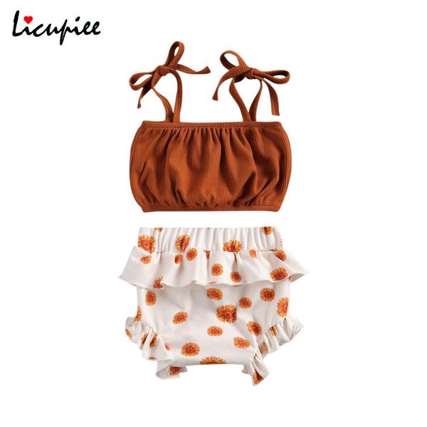 

0-24 months sleeveless born baby girls 2-piece outfit set solid color +sunflower print shorts clothing sets, White