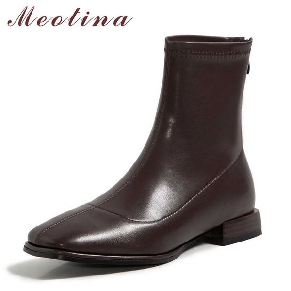 Meotina Botas Curtas Mulheres Sapatos Quadrado Toe The Grosso Botas Botas Botinhas Zipper Zipper Ankle Boots Feminino Outono Inverno Café 210608