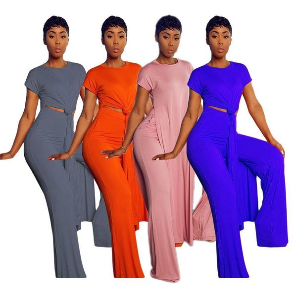 

summer fashion girl style sets womenpant short sleeve round long elastic pants two piece pure color, White