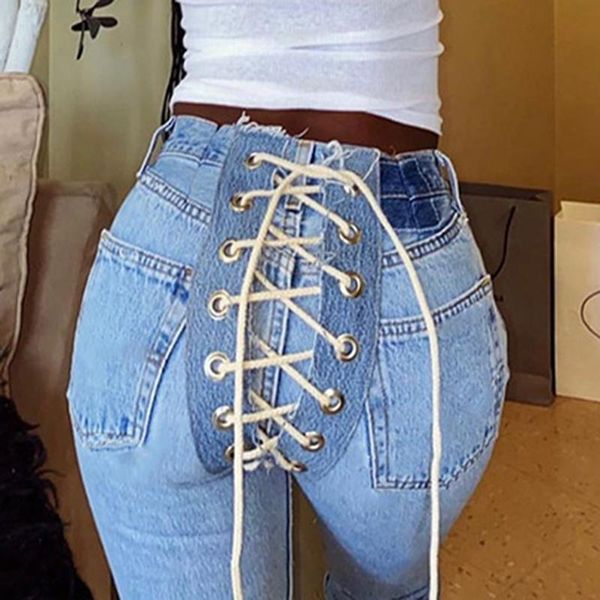 

women's jeans boutique clothing rope side tie girls lace up wholesale pants two color string denim, Blue