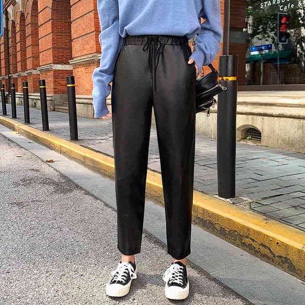

capris hare girls winter women leather pants of plutonium thick black velvet elastic waistband, Black;white