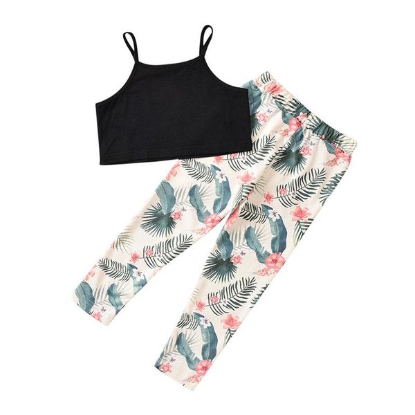 

clothing sets 2 pieces born toddler baby clothes kids suit set solid color u-neck short camisole floral print trousers for girls 1-6 years, White