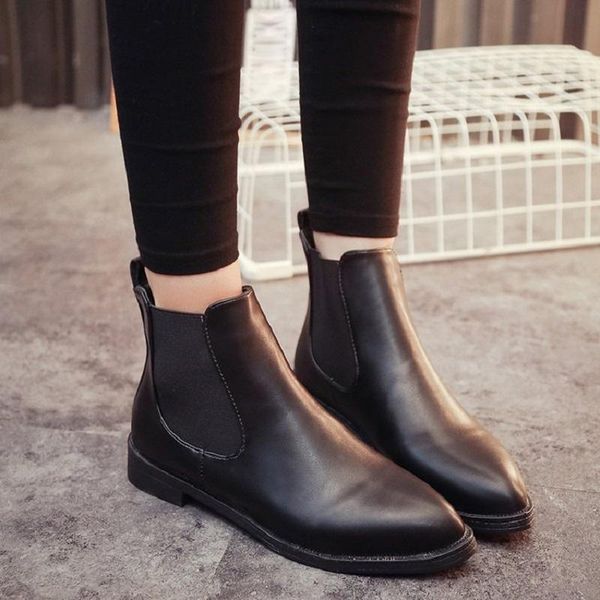 

boots female 19 autumn and winter british wind student korean version set toe pu flat bottom plus velvet short, Black