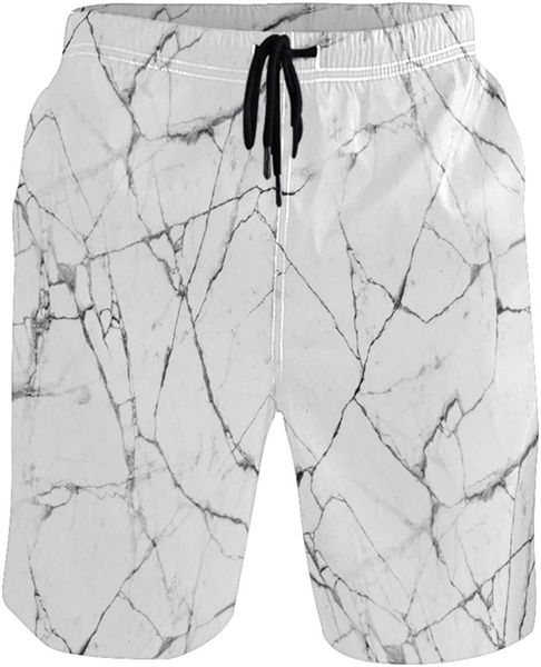 

white marble pattern men's swim trunks quick dry shorts with pockets, White;black