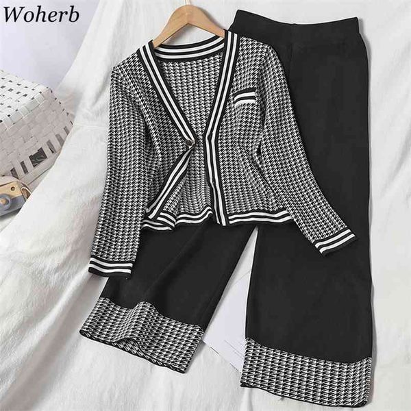 

elegant women two pieces set vintage plaid cardigan wide leg pants korean conjuntos lady suit fashion 2 sets 210519, White