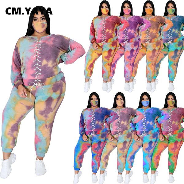 

plus size xl-5xl tie dye print women set sweatshirt pants matching set strings trasuit fitness two 2 piece set outfitby air, White
