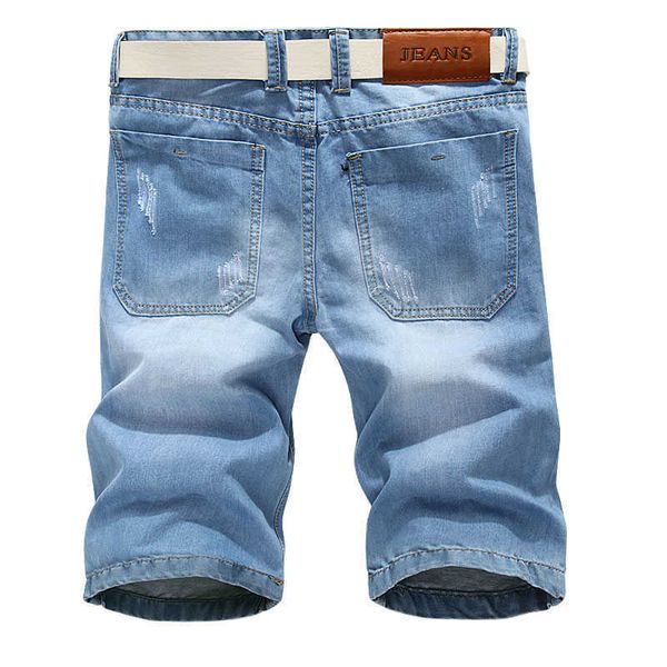 Homens jeans curtos Novo verão macho cor sólido algodão buracos de algodão denim shorts casuais joelho comprimento luz azul jeans shorts tamanho 36 p0806