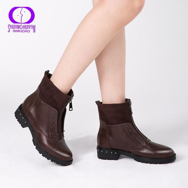 

boots aimeigao autumn winter fashion rivet ankle women front zipper round toes low heels fur plush insole lady shoes, Black