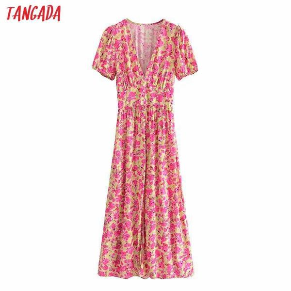 

tangada women flower print romantic dress puff short sleeve v neck females midi dresses vestidos 3h511 210609, Black;gray