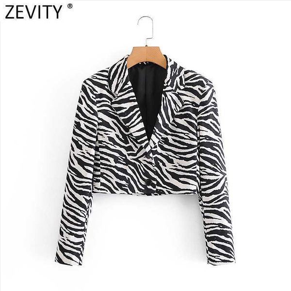 Zevity Frauen Vintage Schwarz Weiß Zebra Streifen Druck Chic Kurzer Blazer Büro Damen Breasted Casual Outwear Anzug Tops CT640 210603