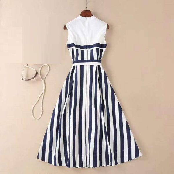 

dresses est fashion style autumn women stand neck striped print belted sleeveless mid-calf length large swing cotton, Black;gray