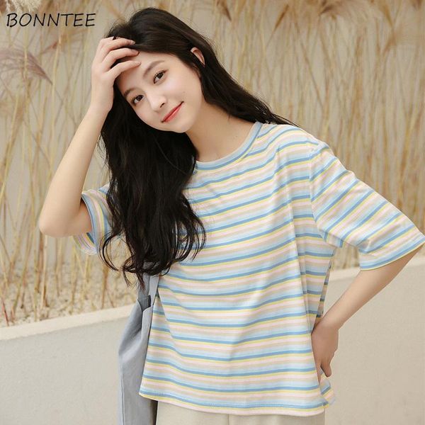 

women's t-shirt t-shirts women classic striped short sleeve 2021 chic womens korean studnets all-match o-neck tee ulzzang sweet girl to, White