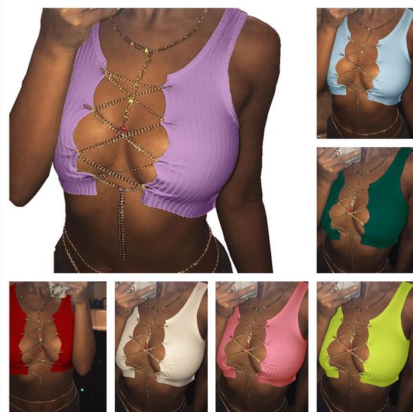 

women's tanks & camis 2021 solid color coat designers women vest metal chain strap fold split fork breast wrapping short sleeve fas, White