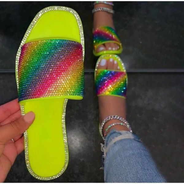 

slippers 2021 rhinestones women shoes summer women's sandals open toe flat outdoor beach fashion, Black