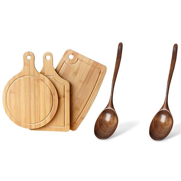

spoons 3x bamboo cutting board for kitchen, pizza fruit & 2pcs wooden long handle cooking mixing spoon