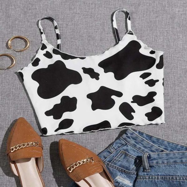 

camisoles & tanks summer fashion women's crop cow print camisole elastic polyester tank cropped vest, Black;white