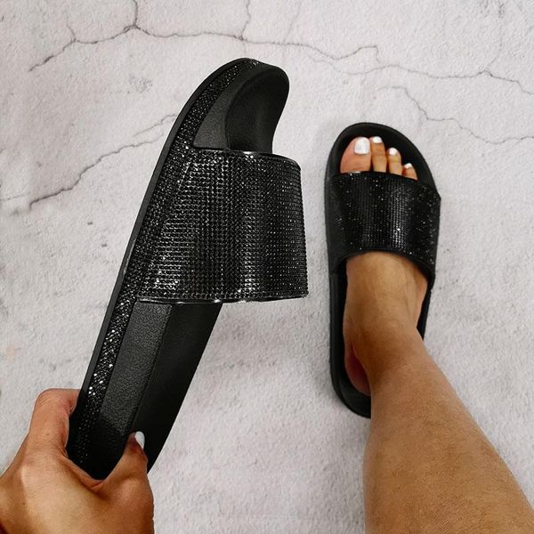 

slippers rhinestone lady fashion women flip flops slip-on comfortable beach shoes bling diamond flat bottom outdoor slides, Black