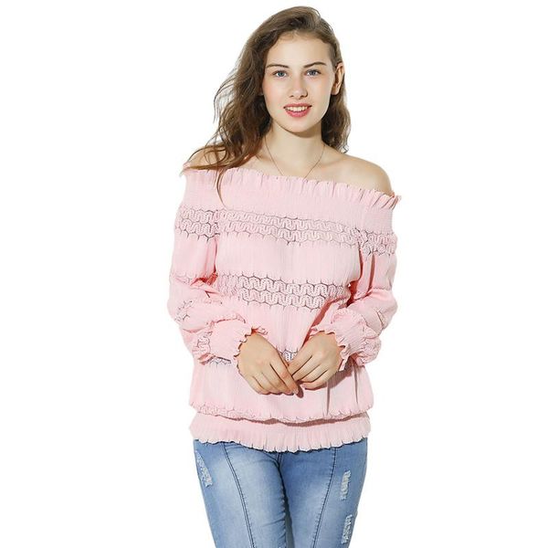 

women hollow out lace shirt women's off shoulder long sleeve blouse female casual loose solid boho style blouses & shirts, White