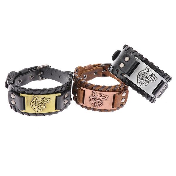 

charm bracelets punk men wide bangle nordic viking designer wolf head bracelet leather weave adjustable wristband jewelry 1pc, Golden;silver