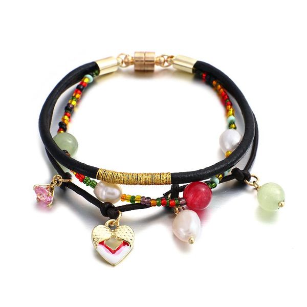 Tennis Amorcome Damen-Armband mit schwarzem Lederband, bunte Rocailles-Perlen, Herz-Charm-Armband, Armbänder für Mädchen, Geschenke