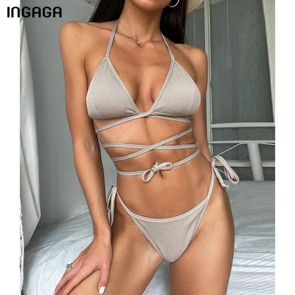 

women's swimwear ingaga ribbed bikinis halter swimsuit high cut women cross bandage biquini bathing suit 2021 push up bikini set, White;black