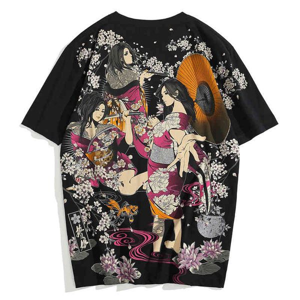 

men's t-shirts japanese brand drawing swordsman heavy discharge dyeing breathable printing t-shirt personality trend short-sl, White;black