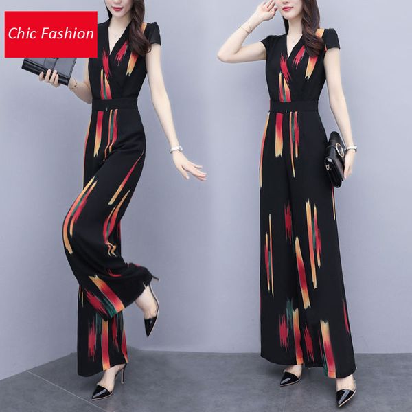 

2011womens new slim jumpsuit summer fashion print chiffon black short sleeve high waist wide leg pants chic office lady coveralls, Black;white