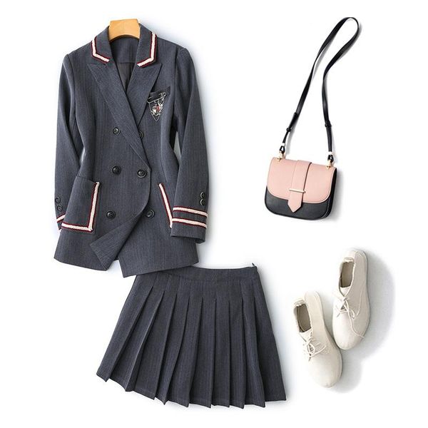 

two piece dress preppy style grey suit blazers and pleated skirt two-piece set college outfits coats, White