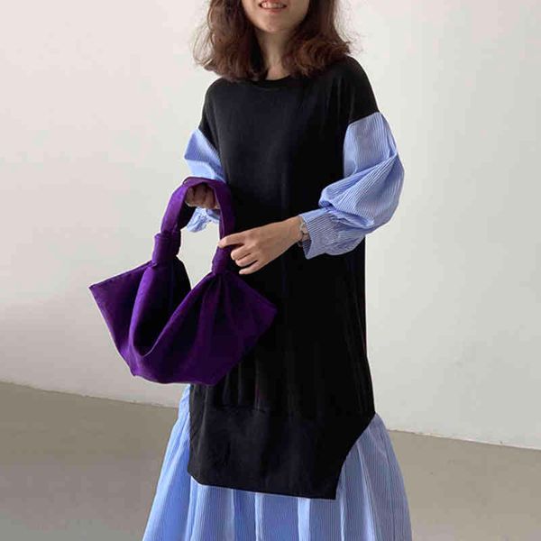 

casual dresses [ewq] korea chic trendy women o neck fake two-piece fashion loose striped stitching puff sleeve dress autumn 16e2466 jxcm, Black;gray