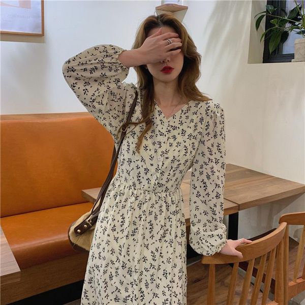 

casual dresses french gentle dress women floral fashion fairy chiffon long-sleeve autumn temperament v-neck long skirt, Black;gray