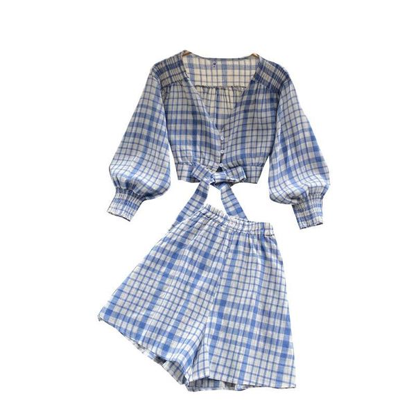 

women's tracksuits spring summer women sets vintage plaids v-neck long sleeve short shirt and wide leg shorts two piece set, Gray
