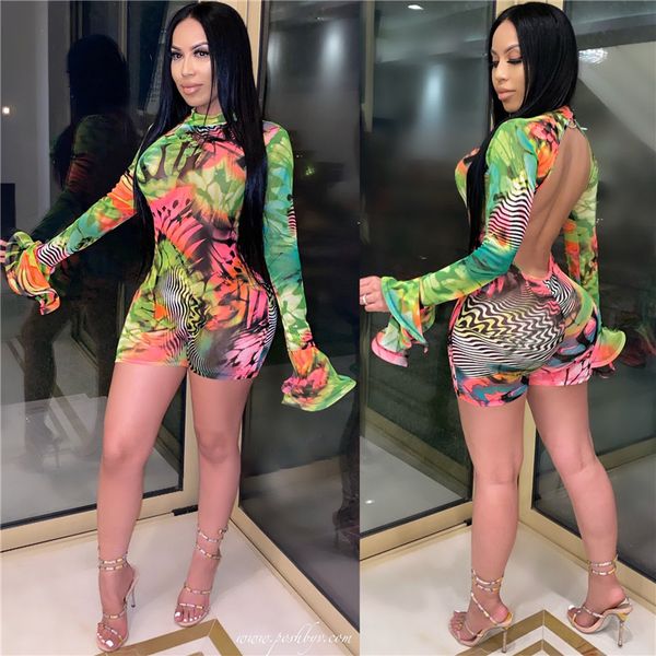 

backless jumpsuits tie dyeing print long flare sleeve bodycon club rompers 2021 women turtleneck fall playsuitsby air, Black;white