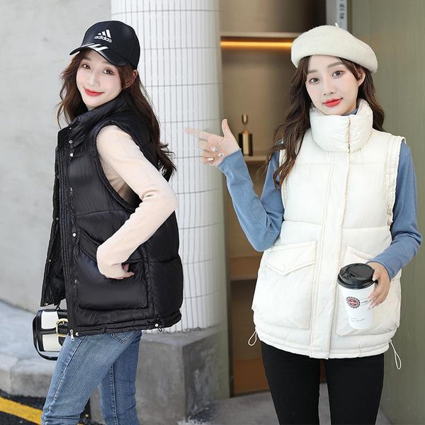 

women's vests 2012 women sleeveless winter vest jacket stand collar casual solid cotton padded female loose short waistcoat, Black;white