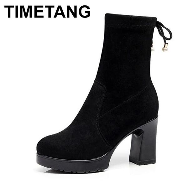 

boots timetang women highquality fabric vintage style soft flat women's back lace ankle female winter e1252, Black