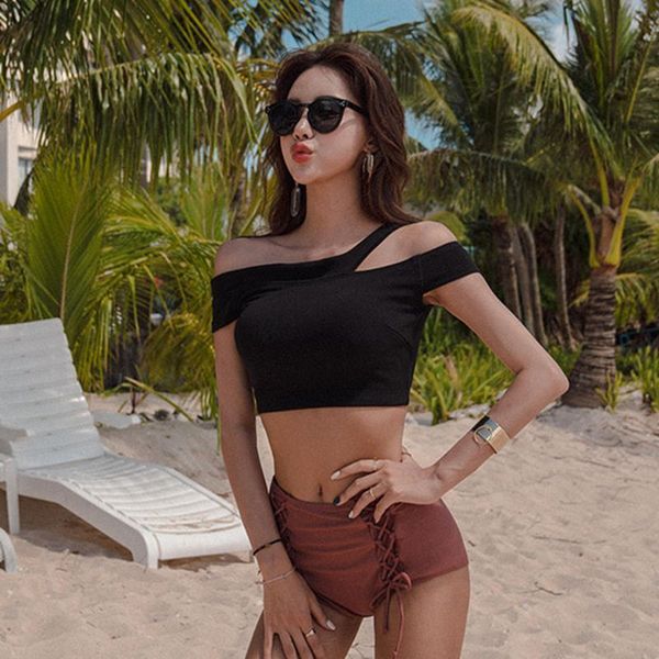 

swimsuit 2020 new swimsuit fashion casual split flat angle two piece swimsuit, White;black