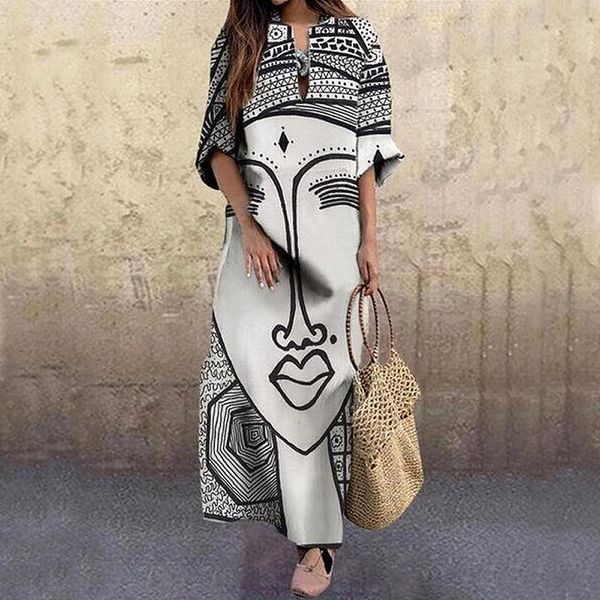 

fashion womens dress vintage portrait print abstract face high waist women dresses beach party autumn elegant loose female, Black;gray
