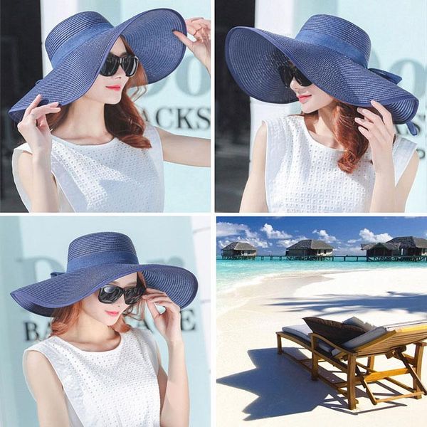 

outdoor hats ly fashion women summer foldable wide large brim beach sun straw cap elegant caps bfe88, Black;white