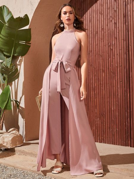 

solid tie front wide leg jumpsuit z2tl#, White