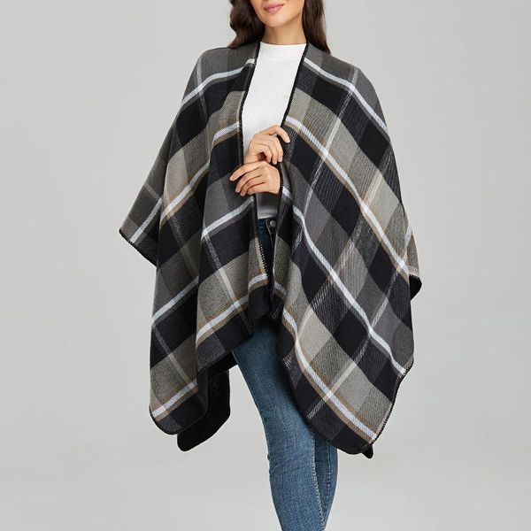 

scarves fashion women shawl vintage plaid print open front soft comfortable autumn winter cardigan wrap poncho coat mujer invierno 2021, Blue;gray