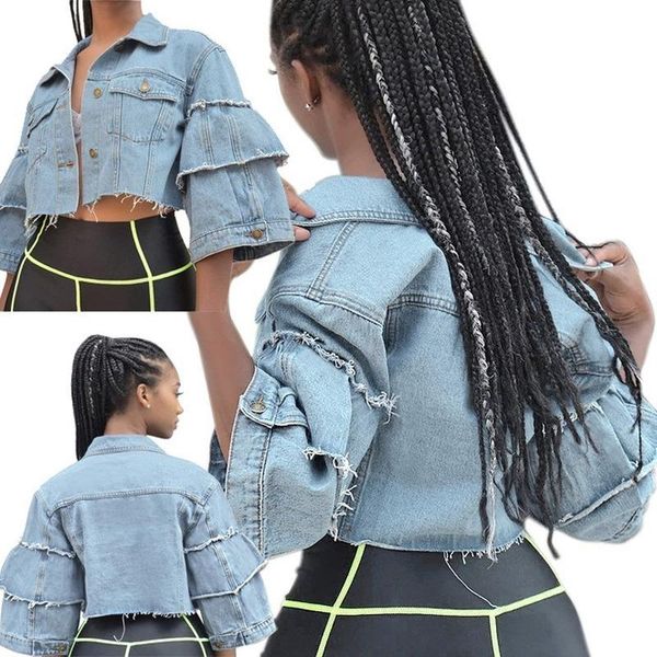 

women's jackets lugentolo short jean jacket women fashion half flare sleeves lapel single breasted denim coat, Black;brown