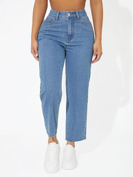

petite raw hem washed jeans h9mc#, Blue