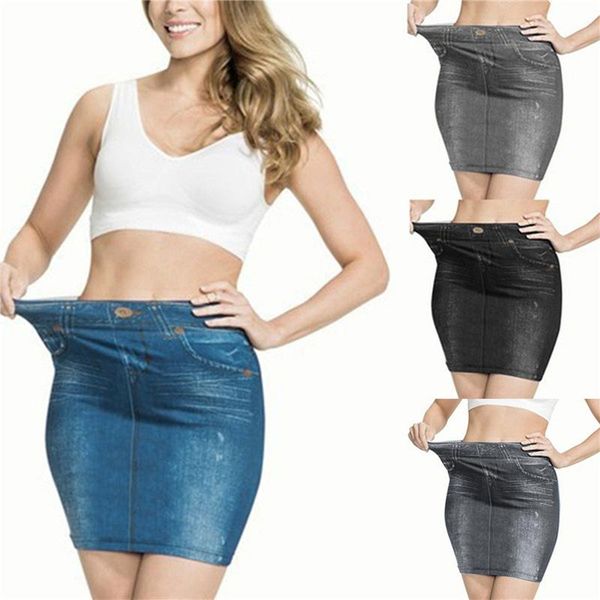 

skirts fake jeans midi pencil skirt women 2021 fashion elastic high waist office lady bodycon slim stretch jupe femme, Black
