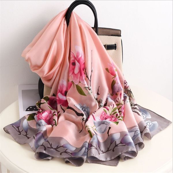 

shawls spring and summer korean fashion silk womens silk-like satin thin floral shawl sun protection by the sea beach towel scarf no., Blue;gray