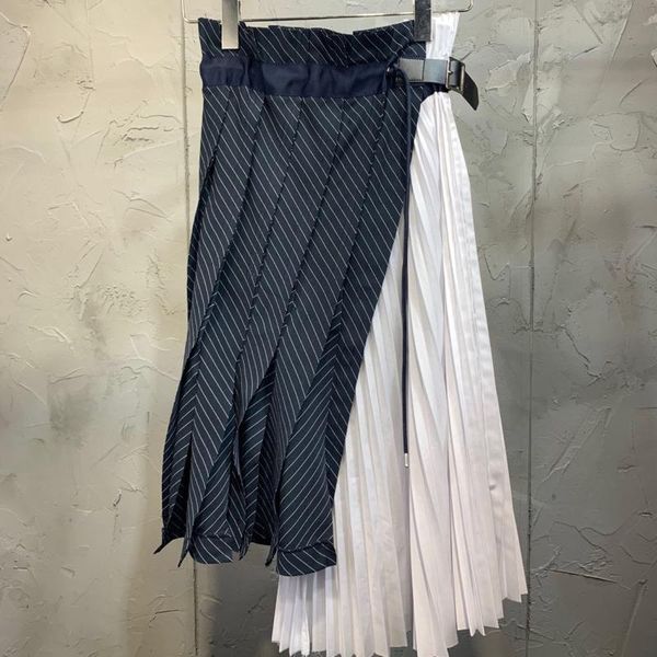 

womens 2021 summer striped multilayer patchwork irregular pleated fake two-piece skirt fashion drawstring female b533 skirts, Black