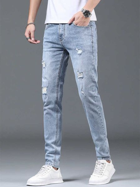 

men's fashion jeans pants casual small foot slim korean 2021 spring and summer 9-point, Blue
