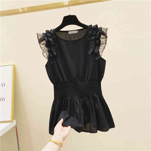 

blouses slim waist shirt female summer korean sleeveless ruffled black blouse ladies all-match blusas, White