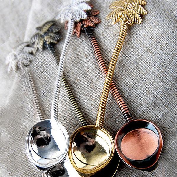 

2pcs vintage royal style coconut tree tea coffee spoon ice cream small decoration zine alloy gift for bar party spoons